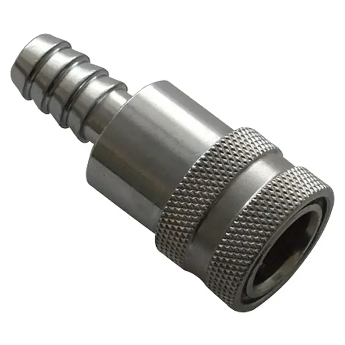 Anschlussstutzen Buchse - 10 mm, Edelstahl, Passend für: Außenbordmotoren von Tohatsu/Nissan - Metallischer Schlauchverbinder mit gerändelter Oberfläche und geripptem Anschlussstück für sichere Verbindungen.
