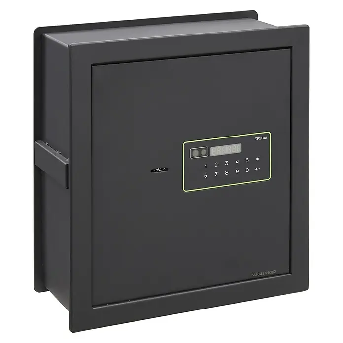 Arregui Kuro Caja fuerte empotrable - L x An x Al: 25 x 36 x 39 cm, Negro/Verde, 24 l - Primer plano de una caja fuerte negra con teclado digital.