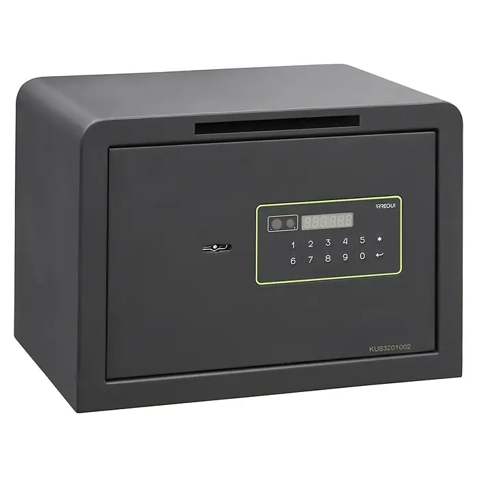 Arregui Kuro Caja fuerte - L x An x Al: 25 x 35 x 25 cm, Negro/Verde, 16 l, Ranura - Aquí hay una imagen de una caja fuerte gris con código numérico digital y ranura de inserción de dinero. Ideal para la oficina o el hogar.