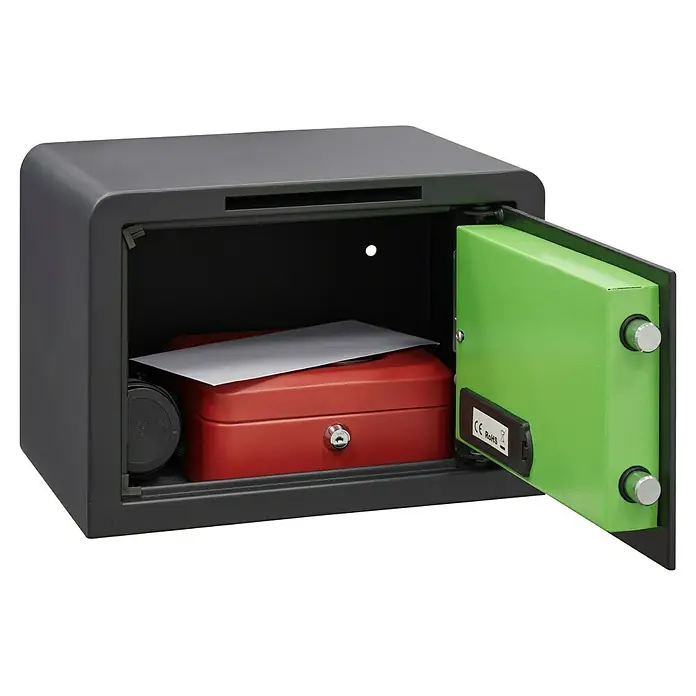 Arregui Kuro Caja fuerte - L x An x Al: 25 x 35 x 25 cm, Negro/Verde, 16 l, Ranura - Una caja fuerte con un compartimento verde abierto, lleno de una caja roja y una hoja de papel, que ofrece soluciones de almacenamiento seguro.