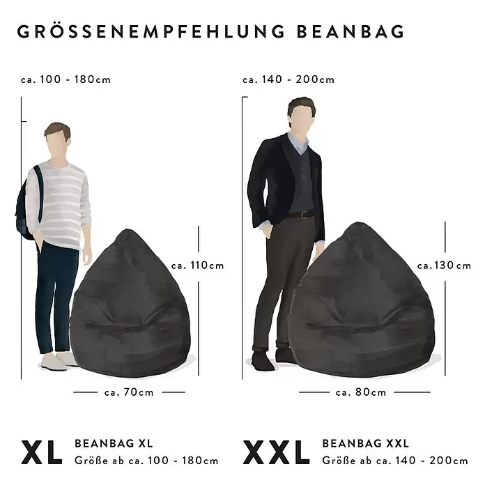 Sitting Point Sitzsack Beanbag Jamie - XL, Braun, 100 % Polyester - Größenempfehlung für XL und XXL dunkelgraue Sitzsäcke mit empfohlenen Körpergrößen (100-180cm für XL, 140-200cm für XXL).