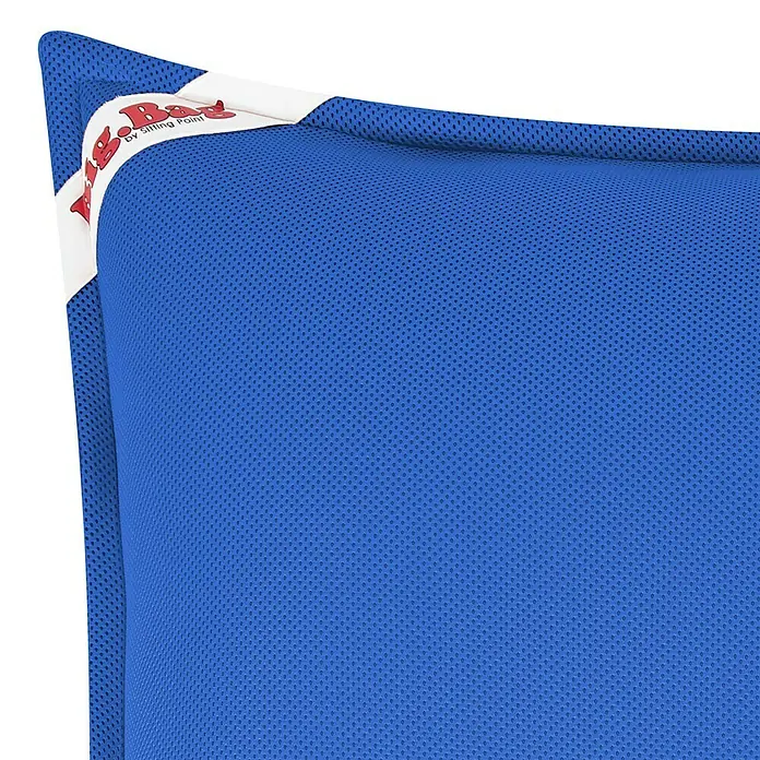 Sitzsack Swimming Bag - 115 x 142 x 20 cm, Jeansblau, 100 % Polyester - Nahaufnahme eines blauen Sitzsacks mit Netzstruktur und weißem Logo "Big Bag by Sitting Point" für Komfort und Stil.