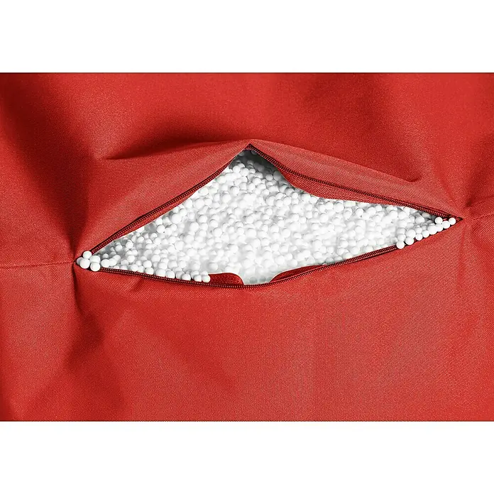 Sitting Point Sitzsack Twist Scuba90 x 70 x 80 cm, Rot, 100 % Polyester/100 % Polyvinylchlorid - Nahaufnahme eines roten Sitzsacks mit einem geöffneten Reißverschluss, der weiße Füllstoffkügelchen freigibt. Perfekt zum Entspannen.