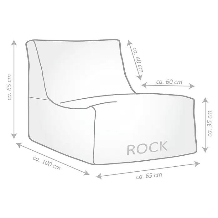 Sitting Point Sitzsack Santorin Rock - 100 x 65 x 65 cm, Grün/Weiß, 100 % Polypropylen - Graue Umrisszeichnung eines 'ROCK' Sitzsacks mit ca. Maßen: Höhe 65 cm, Breite 65 cm, Tiefe 100 cm.