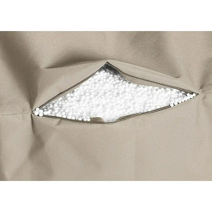 Sitting Point Sitzhocker Cube Scuba - 40 x 40 x 40 cm, Khaki, 100 % Polyester - Ein beiger Sitzsack mit offenem Reißverschluss, der mit weißen Styroporkügelchen gefüllt ist. Der Stoff ist robust und leicht strukturiert.