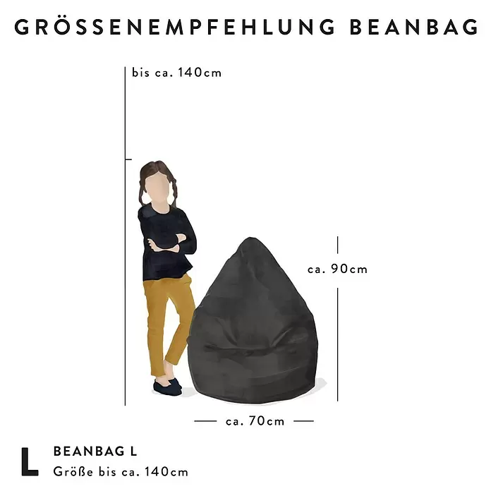 Sitting Point Sitzsack Beanbag Easy - L, Tomate, 100 % Polyester - Schwarzer L-Sitzsack, ca. 70x90cm, daneben eine Person (bis 140cm) zum Größenvergleich.