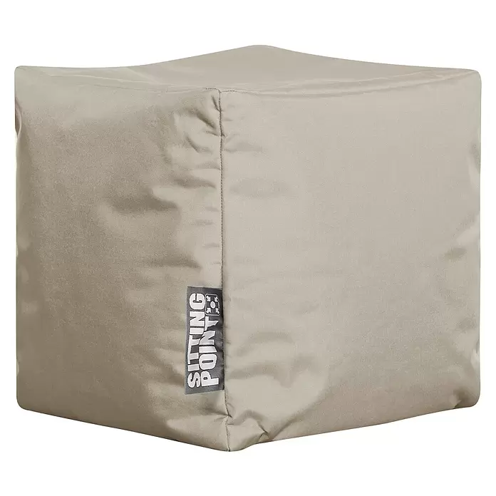Sitting Point Sitzhocker Cube Scuba - 40 x 40 x 40 cm, Khaki, 100 % Polyester - Beigefarbener Stoffwürfel-Sitzhocker mit einem "SITTING POINT"-Etikett an der Seite.