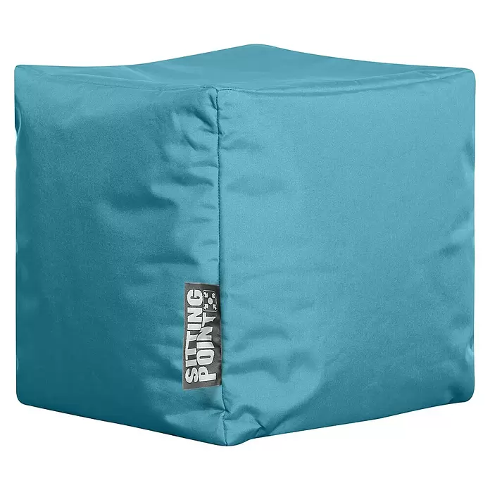 Sitting Point Sitzhocker Cube Scuba - 40 x 40 x 40 cm, Petrol, 100 % Polyester - Türkisfarbener würfelförmiger Stoff-Ottomane mit schwarzem „SITTING POINT“-Markenetikett an der Seite.