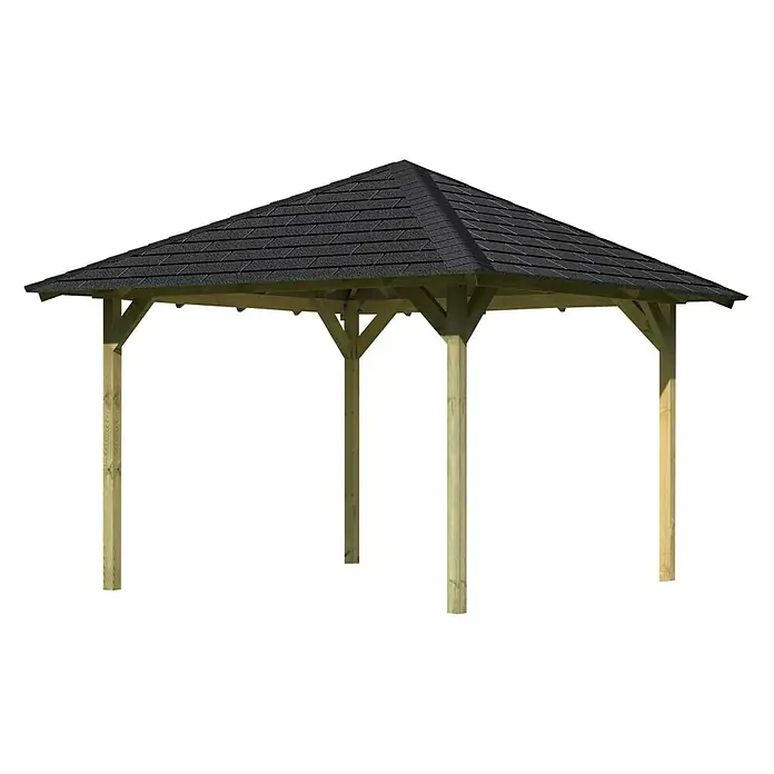 Karibu Pavillon Cordoba Set - 357 x 357 cm, Schwarz, Natur - Bild eines Holzpavillons mit schwarzem Ziegeldach. Der Pavillon hat eine offene Struktur mit Holzpfosten.