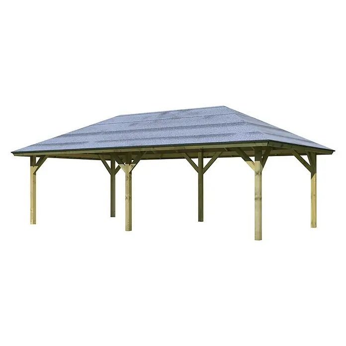 Karibu Pavillon Holm 2 - 778 x 431 cm, Schiefergrau, Natur - Eine großzügige, rechteckige Holzpergola mit einem schützenden, grauen Dach, ideal für Gartenpartys und als schattiger Ruheort.