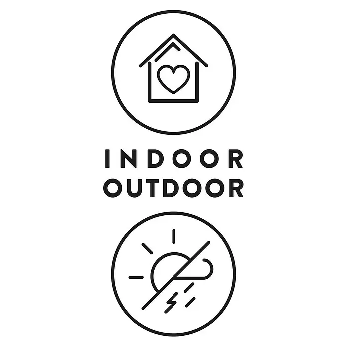 Sitting Point Sitzhocker Cube Scuba - 40 x 40 x 40 cm, Eukalyptus, 100 % Polyester - Beschreibt die Indoor-/Outdoor-Funktionalität des Produkts, inklusive Haus-mit-Herz-Symbol, 'INDOOR OUTDOOR' Text und durchgestrichenem Sturm-Wetter-Symbol.