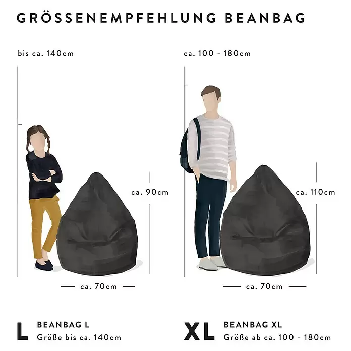 Sitting Point Sitzsack Beanbag Fußball - L, Schwarz/Weiß, 100 % Baumwolle - Zwei schwarze Sitzsäcke (L und XL) mit Größenempfehlungen, neben Kind und Erwachsenem zur Veranschaulichung, inklusive Maße.
