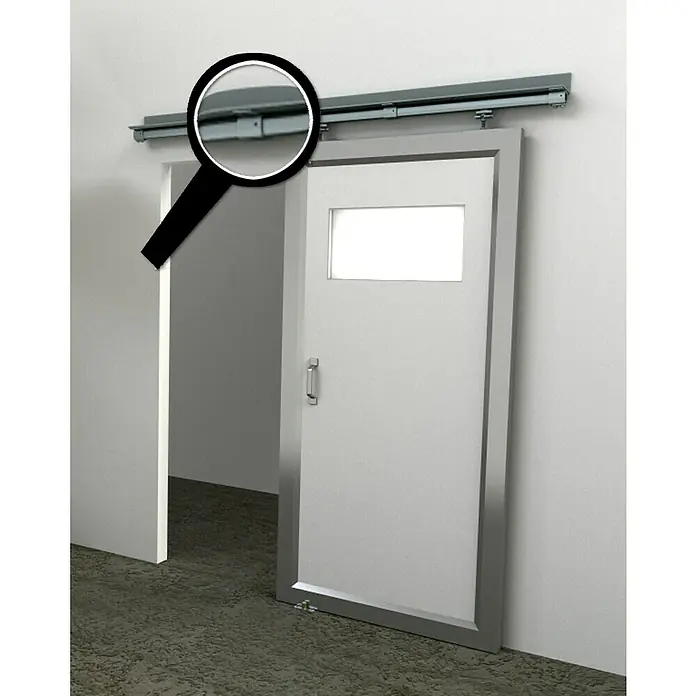 HBS Betz Schiebetorbeschlag Typ 30 - 200 cm, Traglast: 180 kg, Deckenmontage, Einsatzbereich: Stallungen - Schiebetürsystem aus Metall mit kleinem Fenster für den Innenbereich. Blickfang ist das hochwertige Schiebetürsystem.