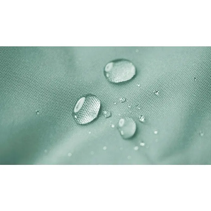 Sitting Point Sitzhocker Cube Scuba - 40 x 40 x 40 cm, Eukalyptus, 100 % Polyester - Nahaufnahme eines wasserabweisenden Stoffes mit darauf liegenden Wassertropfen, die die Beschaffenheit und Funktionalität hervorheben.