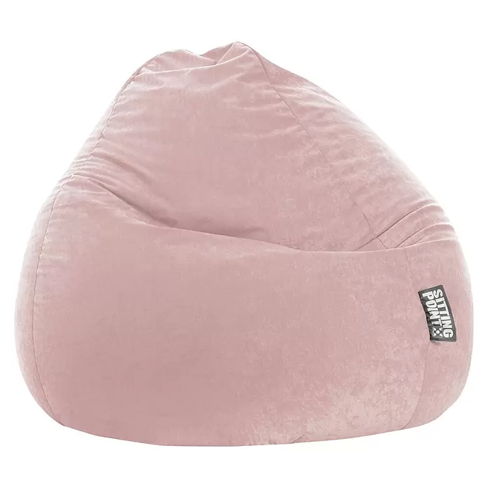 Sitting Point Sitzsack Beanbag Easy - XXL, Altrose, 100 % Polyester - Ein weicher, rosafarbener Samt-Sitzsack in Birnenform mit sichtbarem 'SITTING POINT'-Etikett.