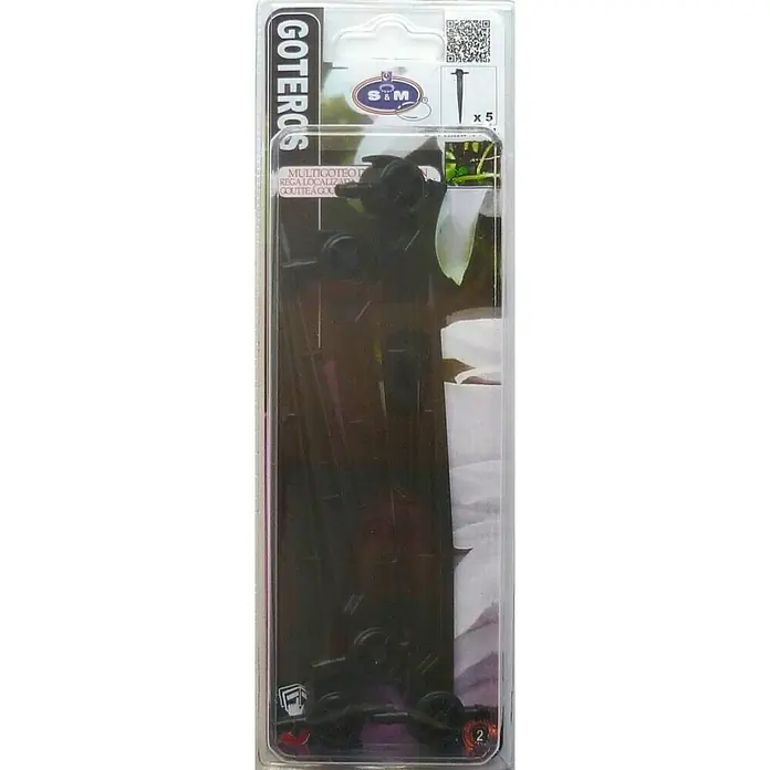 Gotero lineal autocompensado con estaca intermedio - 5 ud., 4 l/h - Paquete de 5 goteros negros S&M para riego localizado de plantas en el jardín o en el balcón. Riego fácil.