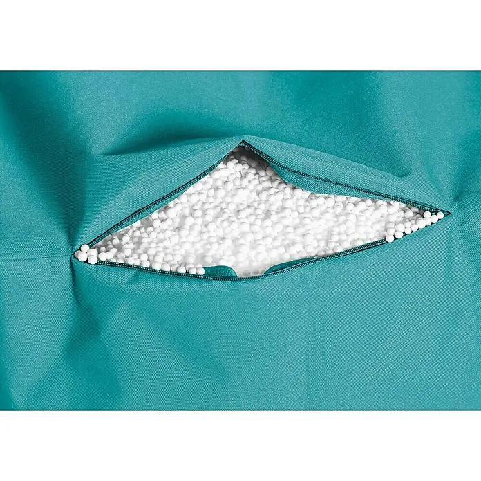 Sitting Point Sitzhocker Cube Scuba - 40 x 40 x 40 cm, Petrol, 100 % Polyester - Nahaufnahme eines türkisfarbenen Sitzsacks mit einem offenen Reißverschluss, der weiße Füllperlen zeigt.