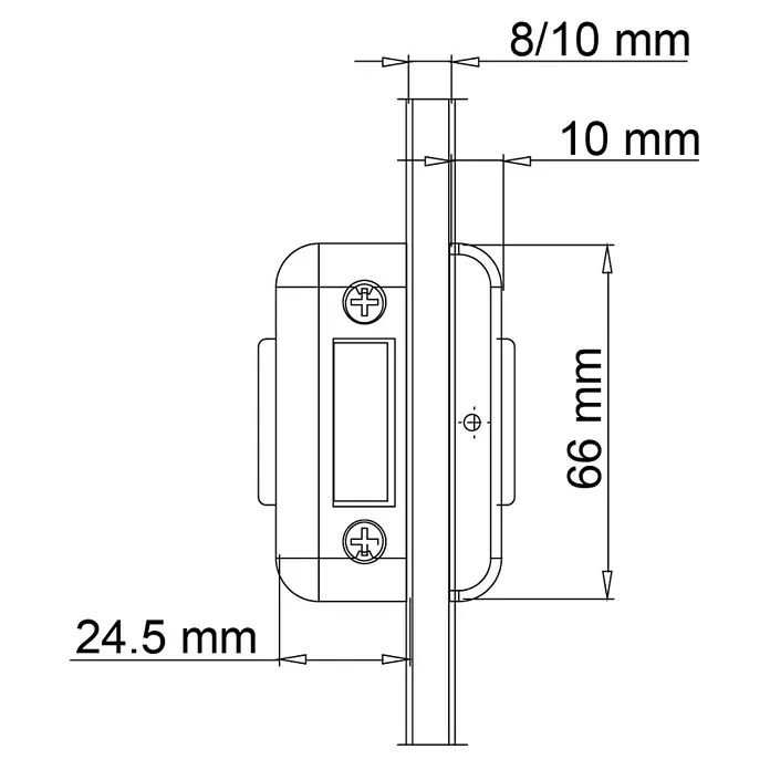 Diamond Doors Glastürbeschlag Sky UV - Aluminium EV1, Bandbohrung/Bänder: Office 3-teilig, Unverschließbar - Technische Zeichnung eines Türschlosses mit den Maßen 8/10 mm, 10 mm, 66 mm und 24,5 mm.