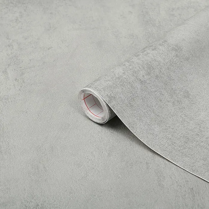 D-c-fix Dekore Klebefolie Croncrete - 200 x 45 cm, Grau, Selbstklebend - Nahaufnahme einer Rolle grauer Beton-Kontaktfolie, ideal für die Renovierung von Möbeln und Wänden.