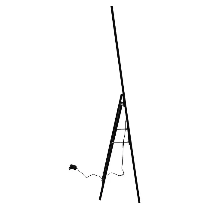 Standspiegel Glimmer - 40 x 160 cm, Glas - Schlanker schwarzer Digitalbildschirm auf Staffeleiständer, seitlich gesehen, mit Netzteil und Kabel.