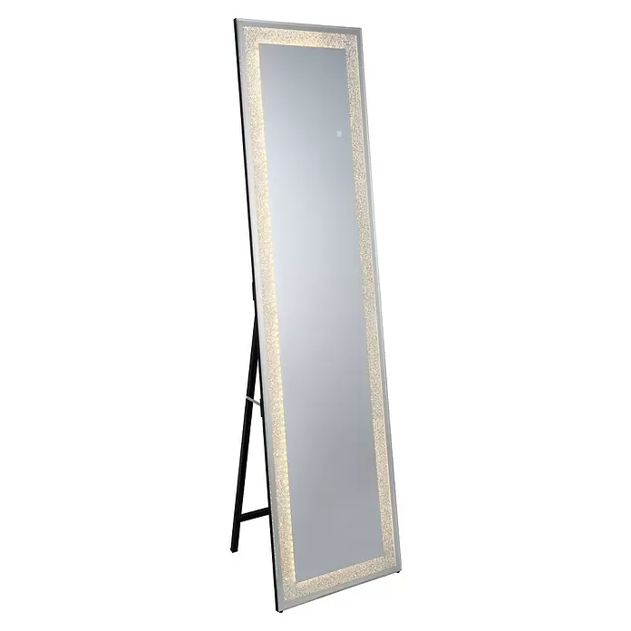 Standspiegel Glimmer - 40 x 160 cm, Glas - Standspiegel mit beleuchtetem Glitzerrahmen und schwarzem Ständer.