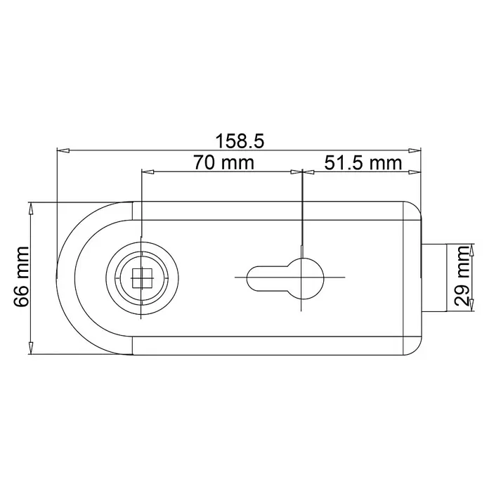 Diamond Doors Glastürbeschlag Sky PZ - Aluminium EV1, Bandbohrung/Bänder: Office 3-teilig, Verschließbar - Technische Zeichnung eines Schlossmechanismus mit Schlüsselloch und Griffspindelöffnungen, Maße: 158,5 mm Länge, 66 mm Breite.
