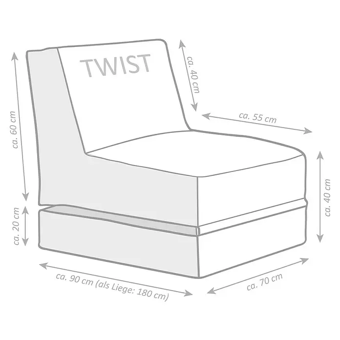 Sitting Point Sitzsack Twist Scuba - 90 x 70 x 80 cm, Rot, 100 % Polyester/100 % Polyvinylchlorid - Illustration eines 'TWIST' Modulsessels mit Maßen: 90 cm Breite (180 cm als Liege), 70 cm Tiefe, 60 cm Gesamthöhe (40 cm Sitzhöhe).