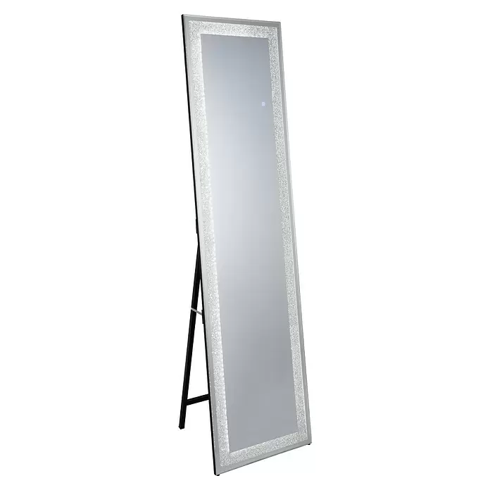 Standspiegel Glimmer - 40 x 160 cm, Glas - LED-Standspiegel mit funkelndem Diamant-Effektrahmen und schwarzem Standfuß.