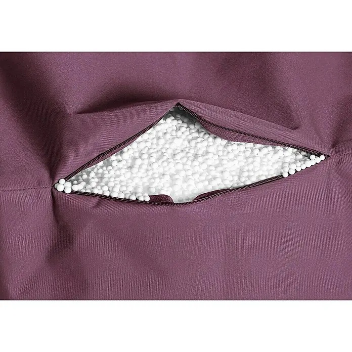 Sitting Point Sitzhocker Cube Scuba - 40 x 40 x 40 cm, Aubergine, 100 % Polyester - Nahaufnahme eines offenen auberginefarbenen Sitzsacks, der mit weißen Polystyrolkugeln gefüllt ist. Reißverschluss sichtbar.