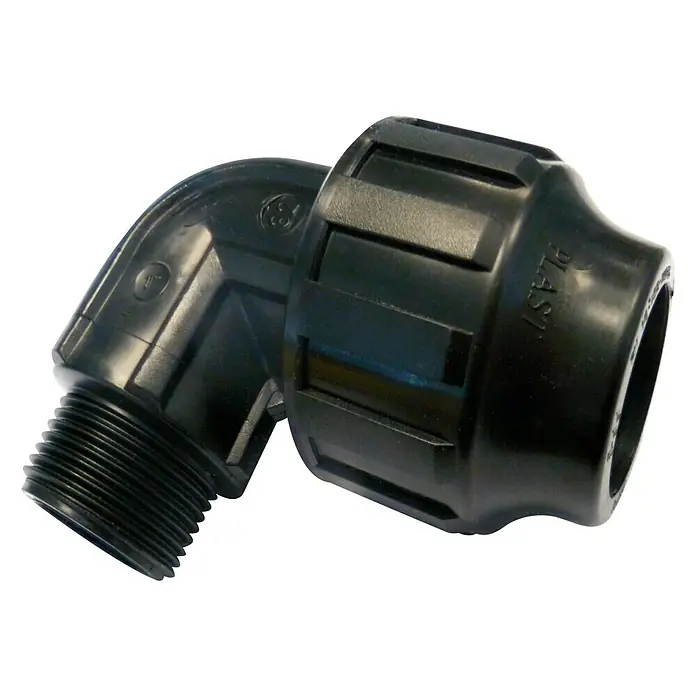 Codo angular montaje rápido macho - Diámetro: 32 mm, 1″ - Codo negro de 90 grados con rosca y acoplamiento de compresión para instalación de agua, ideal para sistemas de riego de jardín.