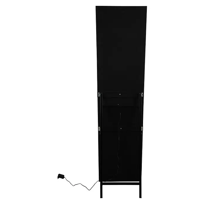 Standspiegel Glimmer - 40 x 160 cm, Glas - Rückansicht eines hohen, schwarz gerahmten Standspiegels mit Stützfuß und Netzkabel.