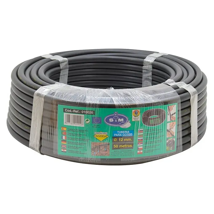 Tubo PE goteo - Ø x L: 12 mm x 50 m, Plástico - Rollo de tubería de goteo S&M de 12 mm de diámetro y 50 metros de longitud, ideal para sistemas de riego.