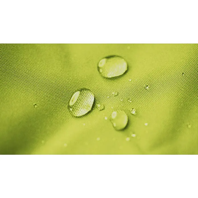 Sitting Point Sitzsack Twist Scuba90 x 70 x 80 cm, Grün, 100 % Polyester/100 % Polyvinylchlorid - Nahaufnahme von Wassertropfen, die auf einem wasserabweisenden, gelbgrünen Stoff liegen und seine Textur hervorheben.