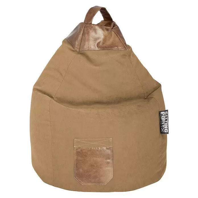 Sitting Point Sitzsack Beanbag Jamie - XL, Sand, 100 % Polyester - Hellbrauner Sitzsack mit braunem Kunstledergriff und Fronttasche.