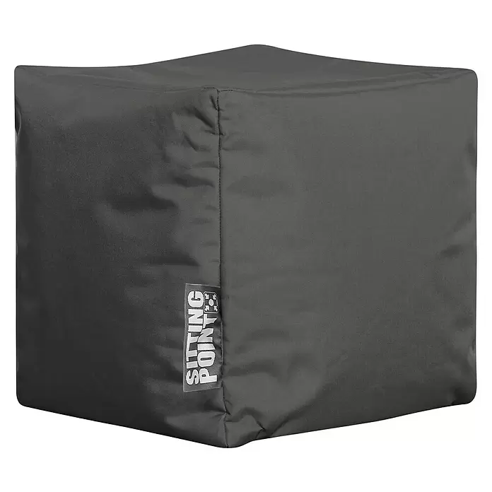 Sitting Point Sitzhocker Cube Scuba - 40 x 40 x 40 cm, Anthrazit, 100 % Polyester - Dunkelgrauer würfelförmiger Stoff-Pouf mit 'SITTING POINT' Markenetikett auf einer Seite.