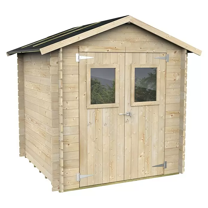 Twig Gerätehaus Firenze - Außenmaß inkl. Dachüberstand (B x T): 232 x 206 cm, Holz, Natur - Hellbrauner Holzgartenhaus mit Doppeltür, zwei Fenstern und schwarzem Dach für die Lagerung im Freien.