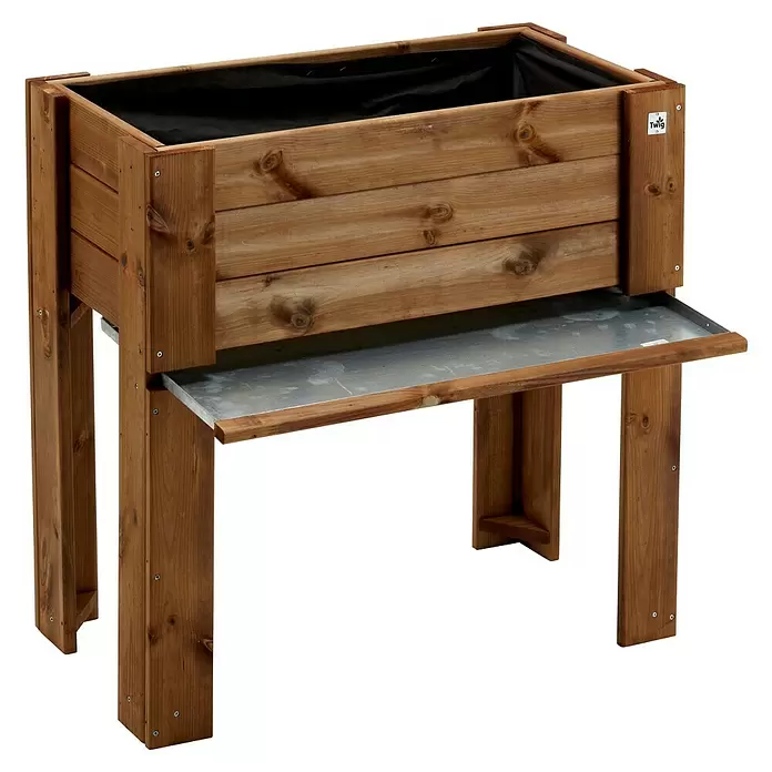 Pflanzkasten Ground Gardiniera - Außenmaß (L x B x H): 81 x 44 x 80 cm, Holz, Kastanienbraun - Hölzernes Hochbeet mit schwarzer Einlage und einer unteren Metallablage für Gartenzubehör.