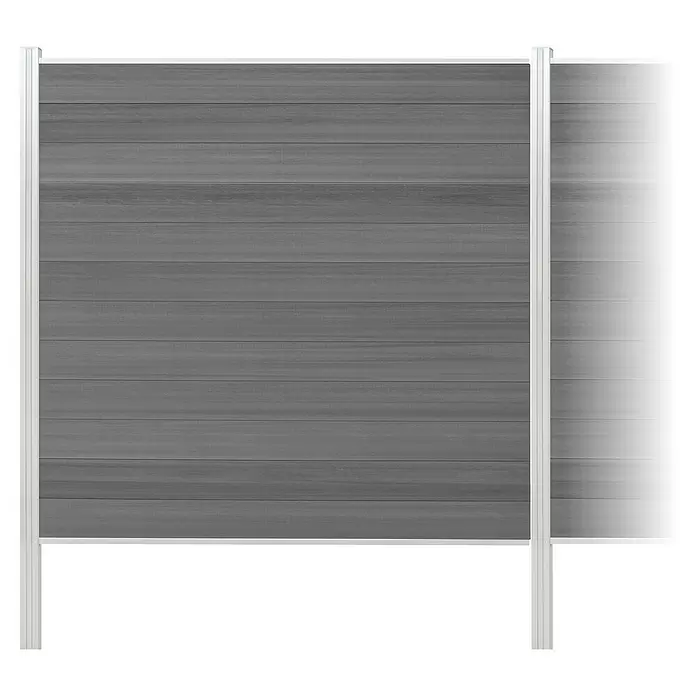 Elephant Steckzaun Cora Line für vier Zaunfelder - 740 x 180 cm, Grau/ Aluminium, Einbetonieren - Graues Verbundstoff-Zaunfeld mit horizontalen Lamellen und weißen Pfosten.