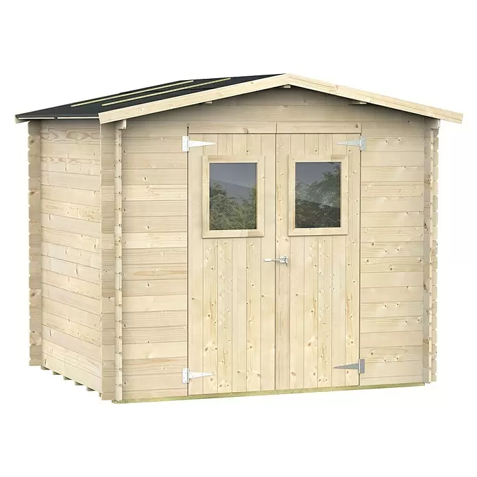 Twig Gerätehaus Firenze - Außenmaß inkl. Dachüberstand (B x T): 292 x 206 cm, Holz, Natur - Helles Holzgartenhaus mit Doppeltür und zwei Fenstern, schwarzes Dach.