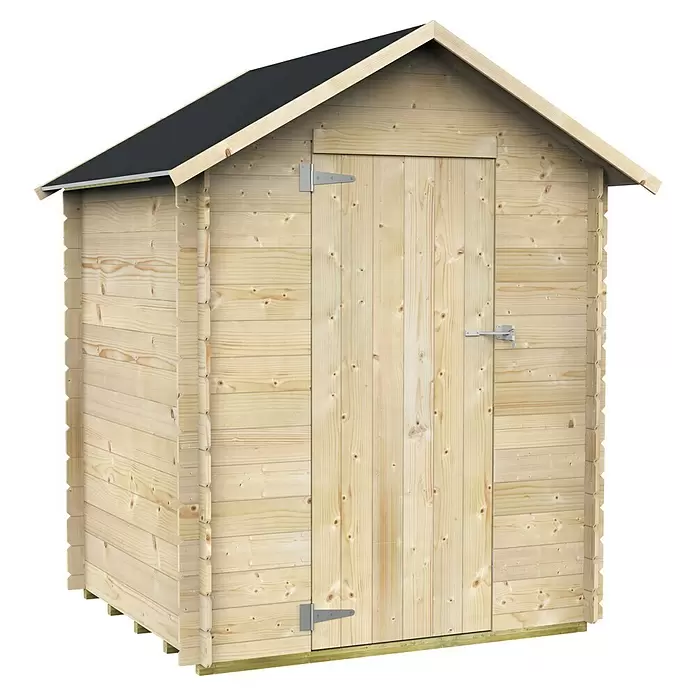 Twig Gerätehaus Rimini - Außenmaß inkl. Dachüberstand (B x T): 158 x 143 cm, Holz, Natur - Helles Gartenhaus aus Naturholz mit schwarzem Dach und einer einzelnen Flügeltür.