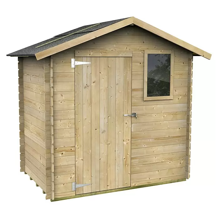 Twig Gerätehaus Capri - Außenmaß inkl. Dachüberstand (B x T): 226 x 134 cm, Holz, Natur - Leichter Holzschuppen mit Tür, Fenster und schrägem Dach mit dunklen Schindeln.