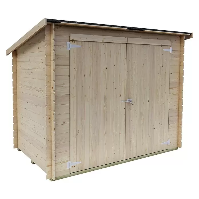Twig Gerätehaus Matera - Außenmaß inkl. Dachüberstand (B x T): 130 x 138 cm, Holz, Natur - Heller Holzgartenschuppen mit Naturfinish, schwarzem Dach und Doppeltüren mit weißen Scharnieren und Riegel.