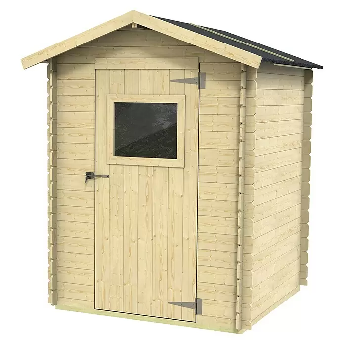 Twig Gerätehaus Palermo - Außenmaß inkl. Dachüberstand (B x T): 180 x 144 cm, Holz, Natur - Helles Gartenhaus aus Naturholz mit dunklem Schrägdach, Tür mit kleinem Fenster und Metallbeschlägen.