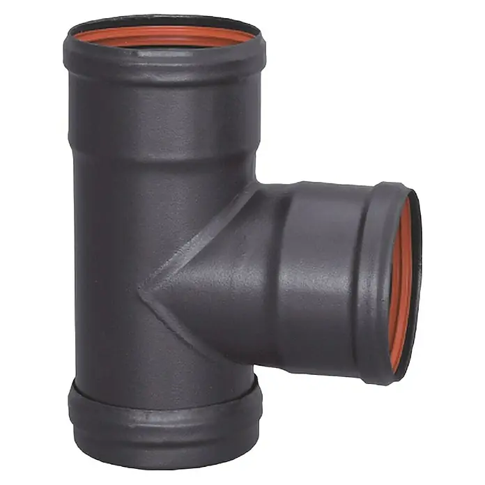 Practic T para pellets corta con tapa de registro - Diámetro: 80 mm, Negro - Racor en T negro con anillo de sellado rojo para fontanería y drenaje. Construcción robusta para conexiones fiables y duraderas.