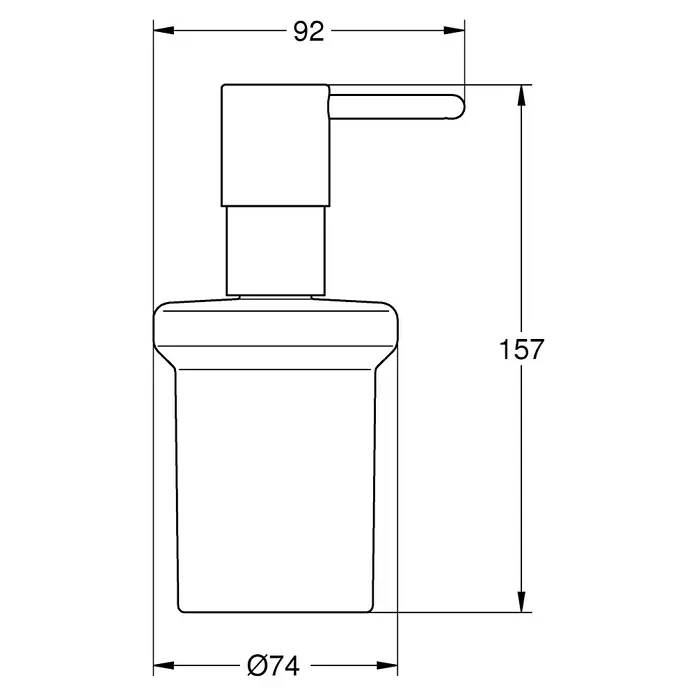 Grohe Essentials Ersatz-Seifenspender - Chrom, Glänzend - Technische Zeichnung eines Seifenspenders mit den Maßen 92mm Breite, 74mm Durchmesser und 157mm Höhe. Präzise Darstellung.