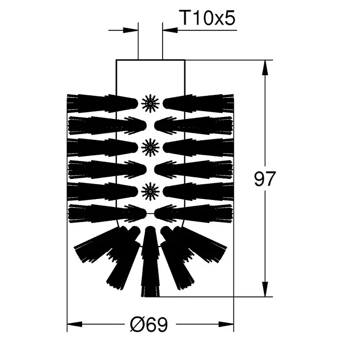 Grohe Essentials Ersatzbürstenkopf - Schwarz - Abbildung einer Reinigungsbürste mit den Maßen Durchmesser 69 und einer Höhe von 97, sowie einem Griff mit T10x5.