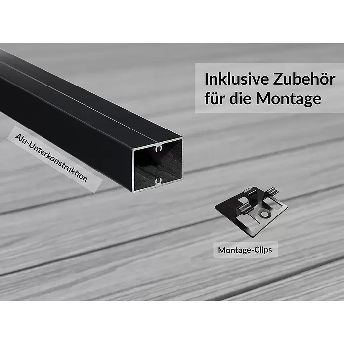 Elephant Terrassenbau-Set WPC strongWood - Teak/Grau, Deckfläche pro Paket: 25 m² - Schwarzes Aluminiumprofil und Metall-Montageclip, Montagezubehör.