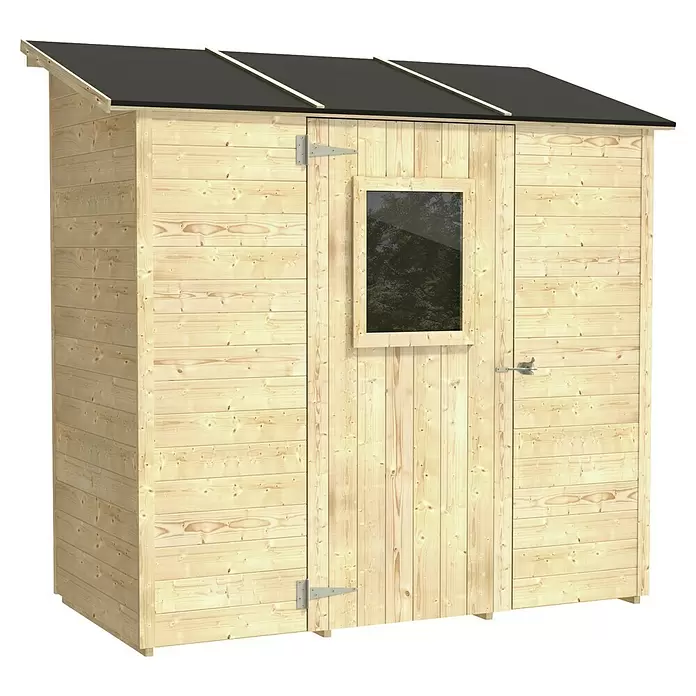 Twig Gerätehaus Napoli - Außenmaß inkl. Dachüberstand (B x T): 257 x 128 cm, Holz, Natur - Hellholz Gartenhaus mit schwarzem Dach, Fenster und Riegeltür.