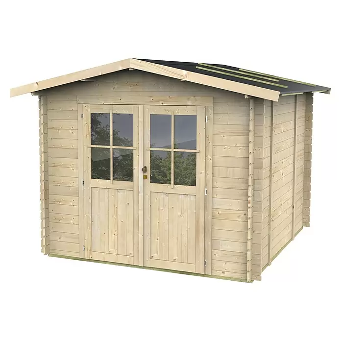 Twig Gerätehaus Siena - Außenmaß inkl. Dachüberstand (B x T): 261 x 276 cm, Holz, Natur - Gartenschuppen aus hellem Holz mit Doppeltüren, Fenstern und Spitzdach.