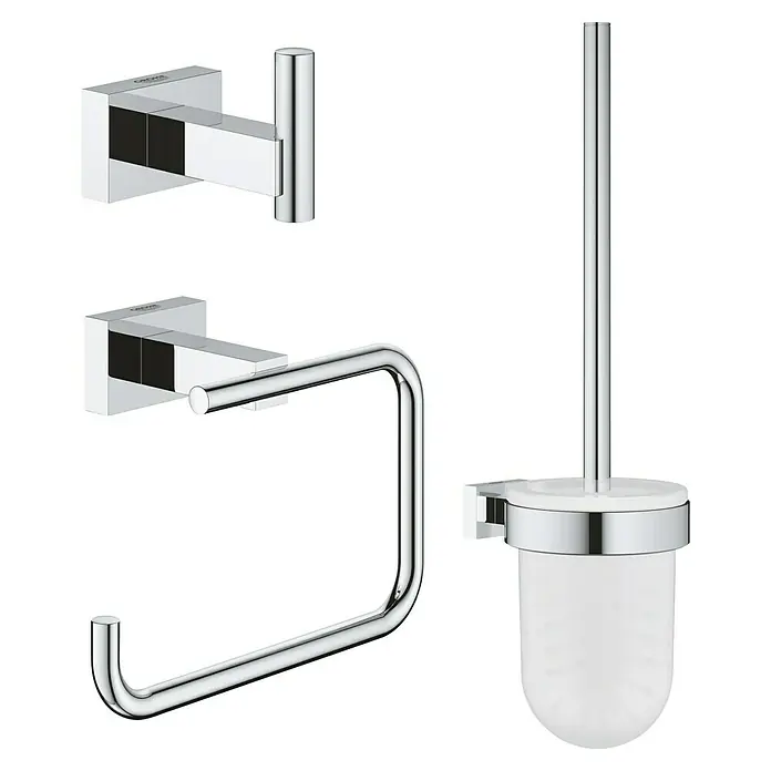 Grohe Essentials Cube WC-Set 3in1 - 3 -tlg., Chrom, Glänzend - Foto von einem Bad-Accessoire-Set, bestehend aus Handtuchhalter, Toilettenpapierhalter und Toilettenbürstengarnitur in Chromoptik.